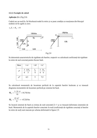 79
2.2.2. Exemple de calcul
Aplicaţia 2.1. (Fig.2.8)
Cadrul are un nod fix. Se blochează nodul la rotire şi se pune condiţia ca reacţiunea din blocajul
nodului să fie egală cu zero.
01111  fRZr
Fig.2.8
Se determină caracteristicile de rigiditate ale barelor, respectiv se calculează coeficienţii de rigiditate
la rotire de nod corectaţi pentru fiecare bară.
Se calculează momentele de încastrare perfectă de la capetele barelor încărcate şi se trasează
diagrama momentelor de încastrare perfectă pe sistemul de bază.
kNmA 75,18
16
4253
1 

M
kNmC 5,67
8
615 2
1 

M
Se încarcă sistemul de bază cu rotirea de nod corectată Z1=1 şi se trasează deformata sistemului de
bază. Momentele de la capetele barelor conectate în nod (coeficienţii de rigiditate corectaţi ai barelor
la rotire de nod) sunt marcate pe schema deformată în figura 2.9.
Bara 1-A 1-B 1-C

5
5,1
4
3 0I

4
0I
6
3
4
3 0I

' 4,5 5 7,5
 