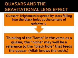 Thinking of the “lamp” in the verse as a
quasar, the “niche” may well be a
reference to the “black hole” that feeds
the quasar. (Allah knows the truth.)
Quasars’ brightness is spread by stars falling
into the black holes at the centers of
galaxies.5
 
