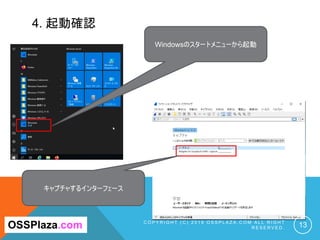 4. 起動確認
C O P Y R I G H T ( C ) 2 0 1 9 O S S P L A Z A . C O M A L L R I G H T
R E S E R V E D . 13OSSPlaza.com
Windowsのスタートメニューから起動
キャプチャするインターフェース
 