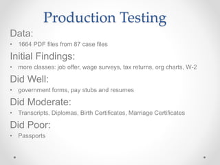 Production Testing
Data:
• 1664 PDF files from 87 case files
Initial Findings:
• more classes: job offer, wage surveys, tax returns, org charts, W-2
Did Well:
• government forms, pay stubs and resumes
Did Moderate:
• Transcripts, Diplomas, Birth Certificates, Marriage Certificates
Did Poor:
• Passports
 