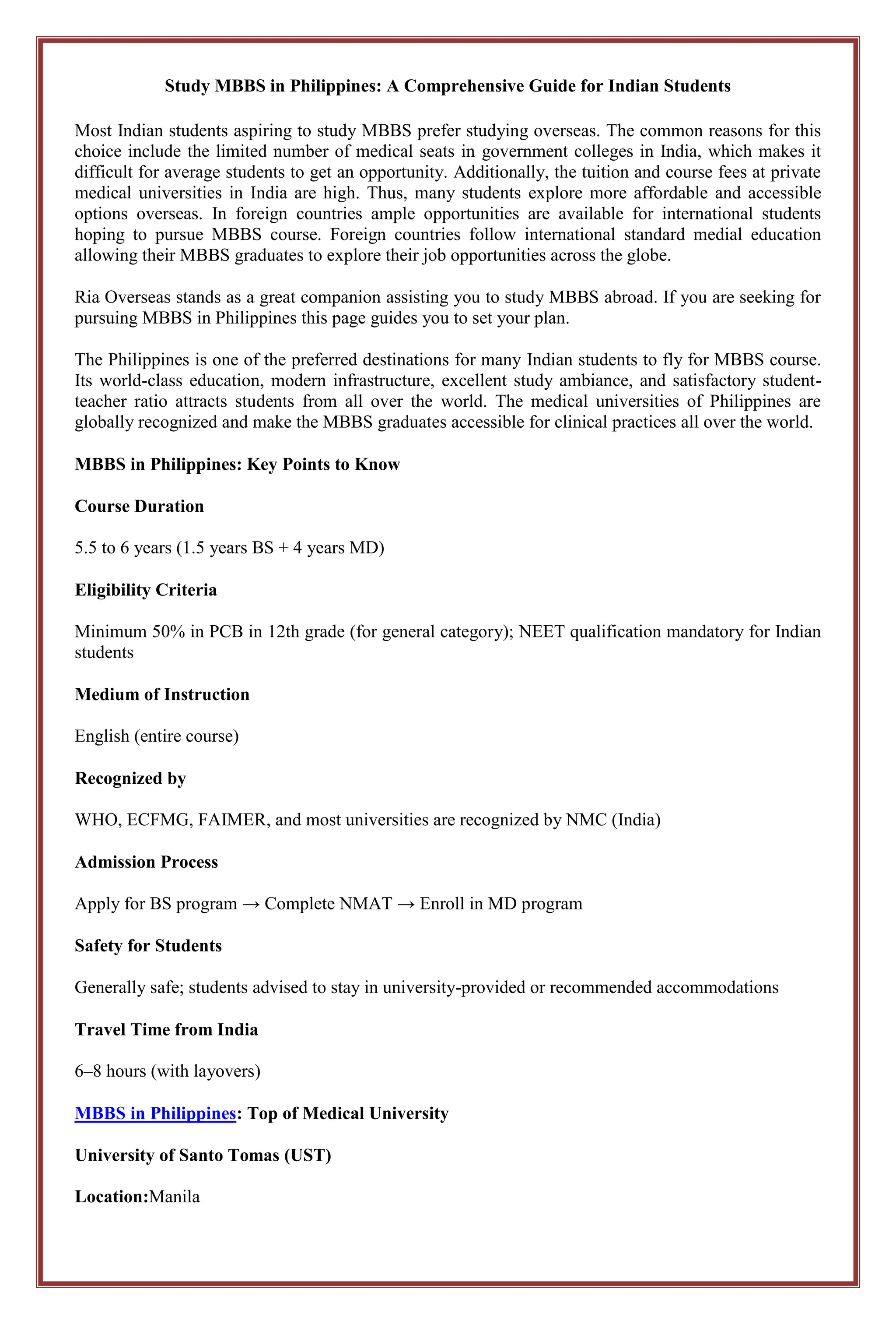 Study MBBS in Philippines: A Comprehensive Guide for Indian Students | PDF