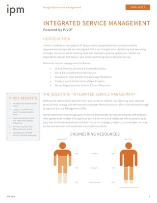 DATA SHEETIntegrated Service Management
INTEGRATED SERVICE MANAGEMENT
Powered by PIVOT
INTRODUCTION
There is a theme across today’s IT departments. Expectations to innovate and the
requirements to operate are misaligned. CIO’s are charged with identifying and executing
strategic initiatives while meeting SLAs and maintaining daily operations. Teams are
expected to deliver and deliver well while controlling cost and lowering risk.
Demands require management to deliver:
•	 Strong Security Controls & Successful Audits
•	 Quick & Consistent Issue Resolution
•	 Exceptional User Satisfaction & Outage Mediation
•	 Timely Launch & Execution of New Projects
•	 Steady Organizational Growth & Team Retention
THE SOLUTION - INTEGRATED SERVICE MANAGEMENT
Rethink the relationship between man and machine. Rather than draining your valuable
team of time, energy and enthusiasm, empower them to focus on their core skillset through
Integrated Service Management (ISM).
Using autonomic technology, data analytics and process-driven consultants, ISM provides
new operational models that optimize service delivery and reallocate efforts according to
your Key Performance Indicators (KPIs). Focus on strategic projects, cut time spent on day-
to-day remediation and automate most administration.
IPM.com 1
Before PIVOT After PIVOT
ENGINEERING RESOURCES
Break/Fix 25%45%
Administration 15%25%
Projects 60%30%
assuming 40% improvement
PIVOT BENEFITS
✓✓ Identify and resolve issues
faster.
✓✓ Collect, correlate and
report on what matters
most.
✓✓ Automate tactical tasks
and optimize strategic
initiatives.
✓✓ Maintain control. You
define services levels.
✓✓ Available as a hosted
service. Quickly deployed.
 