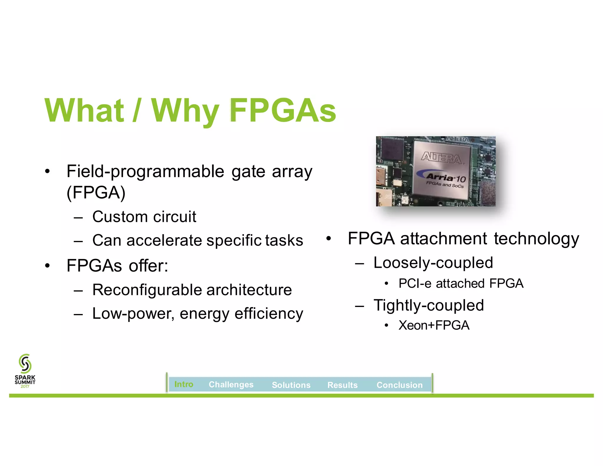 What / Why FPGAs
• Field-programmable gate array
(FPGA)
– Custom circuit
– Can accelerate specific tasks
• FPGAs offer:
– Reconfigurable architecture
– Low-power, energy efficiency
• FPGA attachment technology
– Loosely-coupled
• PCI-e attached FPGA
– Tightly-coupled
• Xeon+FPGA
Intro Challenges Solutions Results Conclusion
 