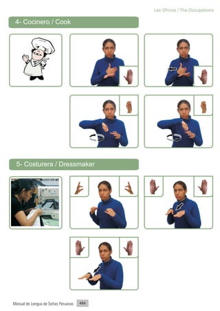 Las Oficios / The Occupations

 4- Cocinero / Cook




 5- Costurera / Dressmaker




Manual de Lengua de Señas Peruanas   484
 