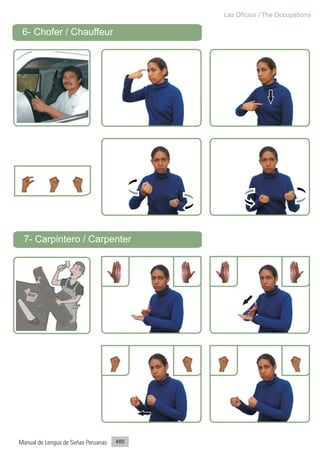Las Oficios / The Occupations

 6- Chofer / Chauffeur




 7- Carpintero / Carpenter




Manual de Lengua de Señas Peruanas   485
 