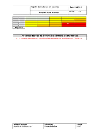 Registro de mudanças em sistemas               Data: 7/7/2012

                                                                   Versão:    1.0
                              Requisição de Mudança

     1
     2
     3
     4                                                        16
     5
  Urgência




         Recomendações do Comitê de controle de Mudanças
   •   <<inserir premissas ou considerações realizadas na reunião com o Comitê>>




Nome do Arquivo:                    Aprovação:                               Página:
Requisição de Mudanças              Fernando Palma                           4 de 5
 