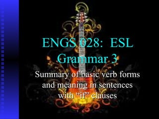 ENGS 028: ESL
Grammar 3
Summary of basic verb forms
and meaning in sentences
with “if” clauses

 