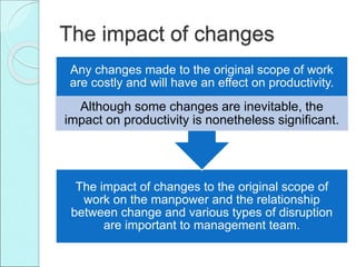 The impact of changes
The impact of changes to the original scope of
work on the manpower and the relationship
between change and various types of disruption
are important to management team.
Any changes made to the original scope of work
are costly and will have an effect on productivity.
Although some changes are inevitable, the
impact on productivity is nonetheless significant.
 