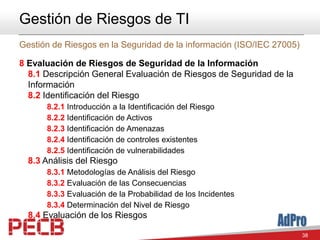38
Gestión de Riesgos de TI
Gestión de Riesgos en la Seguridad de la información (ISO/IEC 27005)
8 Evaluación de Riesgos d...