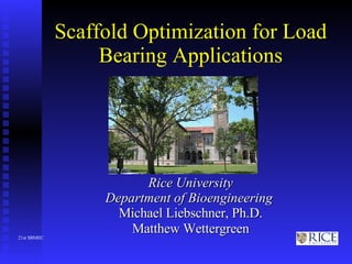 Scaffold Optimization for Load Bearing Applications Rice University Department of Bioengineering   Michael Liebschner, Ph.D. Matthew Wettergreen 