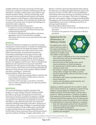 available within the university community and the larger
community, a well person cherishes intellectual growth and
stimulation. Traveling a wellness path, you’ll explore issues
related to problem solving, creativity, and learning. You’ll
spend more time pursuing personal interests and reading
books, magazines, and newspapers, while keeping abreast
of current issues and ideas. As you develop your intellectual
curiosity, you’ll actively strive to expand and challenge your
mind with creative endeavors.
Intellectual wellness follows these tenets:
•	 It is better to stretch and challenge our minds with
intellectual and creative pursuits than to become self-
satisfied and unproductive.
•	 It is better to identify potential problems and choose
appropriate courses of action based on available
information than to wait, worry, and contend with major
concerns later.
SPIRITUAL
The spiritual dimension recognizes our search for meaning
and purpose in human existence. It includes the development
of a deep appreciation for the depth and expanse of life
and natural forces that exist in the universe. Your search
will be characterized by a peaceful harmony between
internal personal feelings and emotions and the rough
and rugged stretches of your path. While traveling the
path, you may experience many feelings of doubt, despair,
fear, disappointment and dislocation, as well as feelings of
pleasure, joy, happiness and discovery. These are all important
experiences and components to your search and will be
displayed in the value system you will adapt to bring meaning
to your existence. You’ll know you’re becoming spiritually well
when your actions become more consistent with your beliefs
and values, resulting in a “world view.”
Spiritual wellness follows these tenets:
•	 It is better to ponder the meaning of life for ourselves and
to be tolerant of the beliefs of others than to close our
minds and become intolerant.
•	 It is better to live each day in a way that is consistent
with our values and beliefs than to do otherwise and feel
untrue to ourselves.
EMOTIONAL
The emotional dimension recognizes awareness and
acceptance of one’s feelings. Emotional wellness includes
the degree to which one feels positive and enthusiastic
about one’s self and life. It includes the capacity to manage
one’s feelings and related behaviors including the realistic
assessment of one’s limitations, development of autonomy,
and ability to cope effectively with stress. The well person
maintains satisfying relationships with others. Awareness of,
and accepting a wide range of feelings in yourself and others
is essential to wellness. On the wellness path, you’ll be able
to express feelings freely and manage feelings effectively.
You’ll be able to arrive at personal choices and decisions based
upon the synthesis of feelings, thoughts, philosophies, and
behavior. You’ll live and work independently while realizing
the importance of seeking and appreciating the support and
assistance of others. You’ll be able to form interdependent
relationships with others based upon a foundation of mutual
commitment, trust, and respect. You’ll take on challenges,
take risks, and recognize conflict as being potentially healthy.
Managing your life in personally rewarding ways, and taking
responsibility for your actions, will help you see life as an
exciting, hopeful adventure.
Emotional wellness follows these tenets:
•	 It is better to be aware of and accept our feelings than to
deny them.
•	 It is better to be optimistic in our approach to life than
pessimistic.
Applying the Six
Dimensions of
Wellness Model
By applying the model, a
person becomes aware of
the interconnectedness of
each dimension and how they
contribute to healthy living.
This holistic model explains:
•	 how a person contributes to his or her environment
and community, and how to build better living
spaces and social networks;
•	 the enrichment of life through work, and its
interconnectedness to living and playing;
•	 the development of belief systems, values, and
creating a world-view;
•	 the benefits of regular physical activity, healthy
eating habits, strength and vitality, as well as
personal responsibility, self-care and when to seek
medical attention;
•	 self-esteem, self-control, and determination as a
sense of direction;
•	 creative and stimulating mental activities, and
sharing your gifts with others.
Applying a wellness approach can be useful in nearly
every human endeavor. As a pathway to optimal living,
wellness is being applied to related fields, such as
health promotion and holistic health, and has seen a
growth in “helping professions” including counseling
and medical arts and practices. The National Wellness
Institute devised three questions that can help persons
and organizations assess the degree to which wellness
is incorporated into a particular approach or program:
•	 Does this help people achieve their full potential?
•	 Does this recognize and address the whole person
(multi-dimensional approach)?
•	 Does this affirm and mobilize people’s positive
qualities and strengths?
Six Dimensions of Wellness Model ©1976 by Bill Hettler, MD
© National Wellness Institute, Inc. | NationalWellness.org | 715.342.2969
Page 2 of 2
 