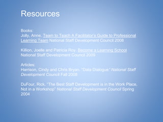 Resources
Books:
Jolly, Anne. Team to Teach A Facilitator’s Guide to Professional
Learning Team National Staff Development Council 2008
Killion, Joelle and Patricia Roy. Become a Learning School
National Staff Development Council 2009
Articles:
Harrison, Cindy and Chris Bryan. “Data Dialogue” National Staff
Development Council Fall 2008
DuFour, Rick. “The Best Staff Development is in the Work Place,
Not in a Workshop” National Staff Development Council Spring
2004
 