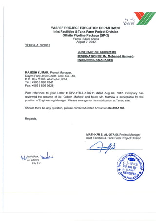 1-I-121170 Resignation of Mr. Mohammed Hameed - Engineering Manager