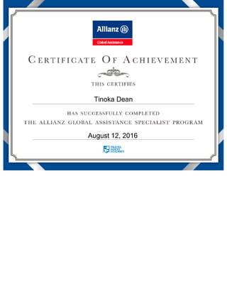 Allianz Global Assistance Specialist Program - View Certificate