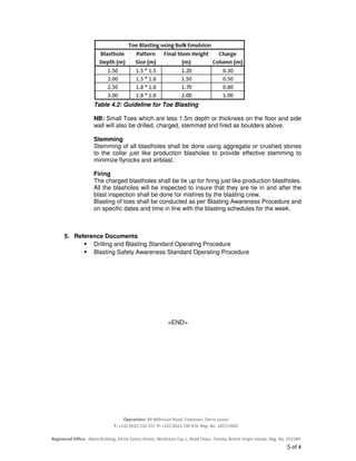 Operations: 84 Wilkinson Road, Freetown, Sierra Leone
T: +232 (0)22 232 257 F: +232 (0)22 230 476 Reg. No. 1057/2003
Registered Office: Akara Building, 24 De Castro Street, Wickhams Cay 1, Road Town, Tortola, British Virgin Islands, Reg. No. 552189
5 of 4
Table 4.2: Guideline for Toe Blasting
NB: Small Toes which are less 1.5m depth or thickness on the floor and side
wall will also be drilled, charged, stemmed and fired as boulders above.
Stemming
Stemming of all blastholes shall be done using aggregate or crushed stones
to the collar just like production blasholes to provide effective stemming to
minimize flyrocks and airblast.
Firing
The charged blastholes shall be tie up for firing just like production blastholes.
All the blasholes will be inspected to insure that they are tie in and after the
blast inspection shall be done for misfires by the blasting crew.
Blasting of toes shall be conducted as per Blasting Awareness Procedure and
on specific dates and time in line with the blasting schedules for the week.
5. Reference Documents
Drilling and Blasting Standard Operating Procedure
Blasting Safety Awareness Standard Operating Procedure
<END>
 