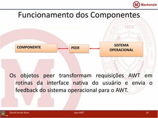 Funcionamento dos Componentes
Os objetos peer transformam requisições AWT em
rotinas da interface nativa do usuário e envia o
feedback do sistema operacional para o AWT.
COMPONENTE PEER
SISTEMA
OPERACIONAL
Daniel Arndt Alves Java AWT 14
 