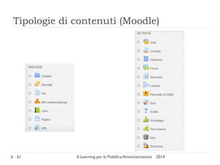 Tipologie di contenuti (Moodle) 
2014 
E-Learning per la Pubblica Amministrazione 
61  