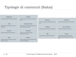 Tipologie di contenuti (Sakai) 
2014 
E-Learning per la Pubblica Amministrazione 
62  