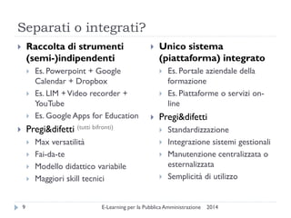 Separati o integrati? 
2014 
E-Learning per la Pubblica Amministrazione 
9 
Raccolta di strumenti (semi-)indipendenti 
Es. Powerpoint + Google Calendar + Dropbox 
Es. LIM + Video recorder + YouTube 
Es. Google Apps for Education 
Pregi&difetti (tutti bifronti) 
Max versatilità 
Fai-da-te 
Modello didattico variabile 
Maggiori skill tecnici 
Unico sistema (piattaforma) integrato 
Es. Portale aziendale della formazione 
Es. Piattaforme o servizi on- line 
Pregi&difetti 
Standardizzazione 
Integrazione sistemi gestionali 
Manutenzione centralizzata o esternalizzata 
Semplicità di utilizzo  