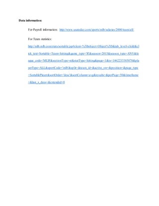 Data information:
For Payroll information: http://www.usatoday.com/sports/mlb/salaries/2000/team/all/
For Team statistics:
http://mlb.mlb.com/stats/sortable.jsp#elem=%5Bobject+Object%5D&tab_level=child&cl
ick_text=Sortable+Team+hitting&game_type='R'&season=2015&season_type=ANY&le
ague_code='MLB'&sectionType=st&statType=hitting&page=1&ts=1462233385078&pla
yerType=ALL&sportCode='mlb'&split=&team_id=&active_sw=&position=&page_type
=SortablePlayer&sortOrder='desc'&sortColumn=avg&results=&perPage=50&timeframe
=&last_x_days=&extended=0
 