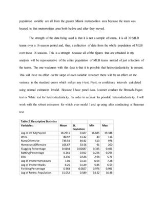 population variable are all from the greater Miami metropolitan area because the team was
located in that metropolitan area both before and after they moved.
The strength of the data being used is that it is not a sample of teams, it is all 30 MLB
teams over a 16 season period and, thus, a collection of data from the whole population of MLB
over those 16 seasons. This is a strength because all of the figures that are obtained in my
analysis will be representative of the entire population of MLB teams instead of just a fraction of
the teams. The one weakness with this data is that it is possible that heteroskedasticity is present.
This will have no effect on the slope of each variable however there will be an effect on the
variance in the standard errors which makes any t-test, f-test, or confidence intervals calculated
using normal estimators invalid. Because I have panel data, I cannot conduct the Breusch-Pagan
test or White test for heteroskedasticity. In order to account for possible heteroskedasticity, I will
work with the robust estimators for which ever model I end up using after conducting a Hausman
test.
Table 2. Descriptive Statistics
Variables: Mean St.
Deviation
Min Max
Log of Inf Adj Payroll 18.2911 0.427 16.685 19.348
Wins 80.97 11.42 43 116
RunsOffensive 739.54 84.82 513 978
HomerunsOffensive 166.67 33.56 91 260
SluggingPercentage 0.4144 0.02687 0.335 0.491
BattingPercentage 0.261 0.012 0.226 0.294
ERA 4.236 0.536 2.94 5.71
Log of PitcherStrikeouts 7.01 0.113 6.64 7.28
Log of PitcherWalks 6.25 0.129 5.85 6.59
FieldingPercentage 0.983 0.0027 0.976 0.991
Log of Metro.Population 15.052 0.589 14.22 16.48
 
