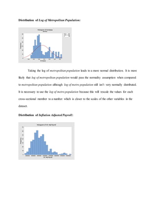 Distribution of Log of Metropolitan Population:
Taking the log of metropolitan population leads to a more normal distribution. It is more
likely that log of metropolitan population would pass the normality assumption when compared
to metropolitan population although log of metro population still isn’t very normally distributed.
It is necessary to use the log of metro population because this will rescale the values for each
cross-sectional member to a number which is closer to the scales of the other variables in the
dataset.
Distribution of Inflation Adjusted Payroll:
16.416.015.615.214.814.414.0
60
50
40
30
20
10
0
Mean 15.05
StDev 0.5895
N 480
lnmetpop
Frequency
Histogram of lnmetpop
Normal
240000000210000000180000000150000000120000000900000006000000030000000
70
60
50
40
30
20
10
0
Inf. Adj Payroll
Frequency
Histogram of Inf. Adj Payroll
 