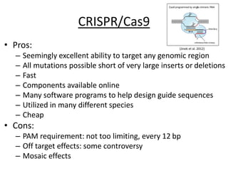 CRISPR/Cas9
• Pros:
– Seemingly excellent ability to target any genomic region
– All mutations possible short of very large inserts or deletions
– Fast
– Components available online
– Many software programs to help design guide sequences
– Utilized in many different species
– Cheap
• Cons:
– PAM requirement: not too limiting, every 12 bp
– Off target effects: some controversy
– Mosaic effects
(Jinek et al. 2012)
 