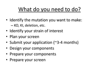 What do you need to do?
• Identify the mutation you want to make:
– KO, KI, deletion, etc.
• Identify your strain of interest
• Plan your screen
• Submit your application (~3-4 months)
• Design your components
• Prepare your components
• Prepare your screen
 