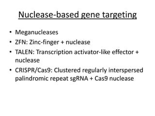 Nuclease-based gene targeting
• Meganucleases
• ZFN: Zinc-finger + nuclease
• TALEN: Transcription activator-like effector +
nuclease
• CRISPR/Cas9: Clustered regularly interspersed
palindromic repeat sgRNA + Cas9 nuclease
 