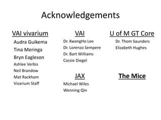 Acknowledgements
VAI vivarium
Audra Guikema
Tina Meringa
Bryn Eagleson
Ashlee Verbis
Neil Brandow
Mat Rackham
Vivarium Staff
VAI
Dr. KwangHo Lee
Dr. Lorenzo Sempere
Dr. Bart Williams
Cassie Diegel
JAX
Michael Wiles
Wenning Qin
U of M GT Core
Dr. Thom Saunders
Elizabeth Hughes
The Mice
 