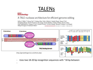 TALENs
(http://geneeditingservice.com/Home.php)
- Uses two 18-20 bp recognition sequences with ~18 bp between
-
 