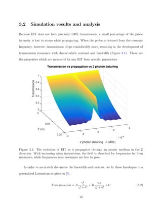 3.2 Simulation results and analysis
Because EIT does not have precisely 100% transmission, a small percentage of the probe
intensity is lost to atoms while propagating. When the probe is detuned from the resonant
frequency, however, transmission drops considerably more, resulting in the development of
transmission resonance with characteristic contrast and linewidth (Figure 3.1). These are
the properties which are measured for any EIT from speciﬁc parameters.
4
×10-4
Transmission vs propagation vs 2 photon detuning
2 photon detuning δ (MHz)
2
0
-2
-4
0.02
0.01
Z (m)
0.6
0.4
0.2
0
0.8
1
0
Transmission
Figure 3.1: The evolution of EIT as it propagates through an atomic medium in the Z
direction. With increasing atom interactions, the ﬁeld is absorbed for frequencies far from
resonance, while frequencies near resonance are free to pass.
In order to accurately determine the linewidth and contrast, we ﬁt these lineshapes to a
generalized Lorenztian as given in [5].
Transmission = A
γ2
r
γ2
r + δ2
+ B
γrδ
γ2
r + δ2
+ C (3.2)
12
 