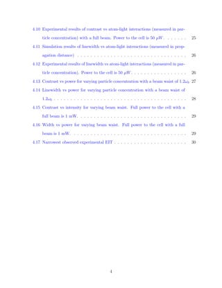 4.10 Experimental results of contrast vs atom-light interactions (measured in par-
ticle concentration) with a full beam. Power to the cell is 50 µW. . . . . . . 25
4.11 Simulation results of linewidth vs atom-light interactions (measured in prop-
agation distance) . . . . . . . . . . . . . . . . . . . . . . . . . . . . . . . . . 26
4.12 Experimental results of linewidth vs atom-light interactions (measured in par-
ticle concentration). Power to the cell is 50 µW. . . . . . . . . . . . . . . . . 26
4.13 Contrast vs power for varying particle concentration with a beam waist of 1.2ω0 27
4.14 Linewidth vs power for varying particle concentration with a beam waist of
1.2ω0 . . . . . . . . . . . . . . . . . . . . . . . . . . . . . . . . . . . . . . . . 28
4.15 Contrast vs intensity for varying beam waist. Full power to the cell with a
full beam is 1 mW. . . . . . . . . . . . . . . . . . . . . . . . . . . . . . . . . 29
4.16 Width vs power for varying beam waist. Full power to the cell with a full
beam is 1 mW. . . . . . . . . . . . . . . . . . . . . . . . . . . . . . . . . . . 29
4.17 Narrowest observed experimental EIT . . . . . . . . . . . . . . . . . . . . . . 30
4
 