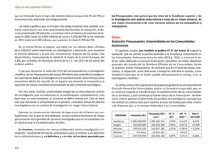 ¡Que no nos recorten el futuro!

que se retrocede hacia el logro del objetivo básico europeo del 3% del PIB en       los Presupuestos, más parece que los retos de la Enseñanza superior y de
economías más avanzadas tecnológicamente.                                           la Investigación sólo podrán desarrollarse a costa de un mayor esfuerzo, de
                                                                                    una mayor precarización y de unos menores salarios de sus trabajadoras y
    Las tablas y gráficos que se incluyen más abajo muestran esta realidad, con-    trabajadores.
traria, como ocurre con otros posicionamientos formales en educación, al dis-
curso proclamado oficialmente, y muestran como el máximo de inversión alcan-
zado en 2009, hasta los 9.660 millones de euros y 0,92% del PIB, se ha reducido     Datos
en 2011 hasta los 8.500 millones que suponían el citado 0,79% del PIB.
                                                                                    Evolución Presupuestos Universidades en las Comunidades
   De la misma forma se expone una tabla con los últimos datos oficiales            Autónomas
de la UNESCO sobre inversiones en investigación y desarrollo, que muestran              El siguiente cuadro (ver también el gráfico nº 21 del Anexo II) expone la
la enorme distancia a la que nos encontramos respecto de los países más             evolución que ha sufrido la partida dedicada a la Enseñanza Universitaria en
desarrollados, representando la mitad de la media de la Unión Europea, del          las Comunidades Autónomas entre los años 2011 y 2010, y, como en la an-
1,8%, por no hablar de Alemania, dentro de la U.E., de USA o de los países del      terior tabla dedicada a la actual financiación educativa, los datos expuestos
sudeste asiático.                                                                   proceden del estudio de los Boletines Oficiales de las Comunidades donde
                                                                                    se publican ambos Presupuestos. Al contrario que en el resto de etapas edu-
   Y hay que denunciar la caída del 9,1% del correspondiente a investigación        cativas, la dispersión entre diferentes Consejerías dificulta el estudio, como
científica, en los Presupuestos del propio Ministerio que contradice la pregona-    también lo hace que en la misma partida presupuestaria se incluya, o no, la
da importancia dada a la investigación y la transferencia de conocimiento como      investigación científica.
mecanismo básico de creación de un espacio que fomente la innovación y la
aparición de nuevas iniciativas empresariales de alto contenido tecnológico.            Se utiliza como criterio general el presupuesto global de la correspondiente
                                                                                    Dirección General de Universidades, esté en la Consejería en que esté, que, en
   Por otra parte, muchas universidades acogen en su seno diversos centros          su inmensa mayoría se transfiere pare el mantenimiento de las universidades
de investigación, que normalmente no se autofinancian completamente. Esto           de su territorio, y que constituye la fuente básica de su financiación. También
hace que, en este momento, se aumente el déficit estructural. Esto no hace          como criterio general se eliminando las partidas de investigación siempre que
más que aumentar la precariedad en el empleo, creándose bolsas de jóvenes           ha existido un criterio claro para hacerlo, al estar los fondos para ésta, mucho
investigadores en sus centros de investigación sin ningún futuro laboral.           más dispersos aún, y no siempre destinados a las universidades.

    Además, las consecuencias laborales de leyes como de la Ciencia son con-                                           Presupuesto 2010    Dif. %   Dif. %      Difer. %
tradictorias con lo que se dice defender, ya que conlleva elementos de mayor          COMUNIDAD     Presupuesto 2011
                                                                                                                            euros (1)      2011     2010 (1)   2011/2009
precarización de la plantilla de personal investigados que es incompatible con
                                                                                     Andalucía      1.286.028.999      1.336.185.216      - 3,75%   +0,13 %     - 3,62%
el esfuerzo que la Sociedad espera de ellos.
                                                                                     Aragón           161.683.200        169.146.300      - 4,41%   -6,37 %    - 10,78%
   En resumen, contamos con menos profesorado, menos investigación e in-             Asturias         139.925.192        143.877.185      - 2,75%   +7,99 %     + 5,24%
novación, insuficiente formación profesional y para el empleo y un deterioro         Baleares (1)        Sin datos        65.416.933                - 4,43 %
de la calidad educativa y, en definitiva, y a la vista de los datos aportados por    Canarias         247.720.705        263.450.240      - 5,97%   - 0,71 %   - 6,68%



122
 
