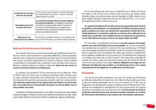 Por las mismas causas citadas se puede suspender              En las informaciones de estos días se especifica que el déficit estructural
 Suspensión del contrato y                                                           del Estado es del 7% del P.I.B. nacional y, por otra parte, los últimos datos
                           por cierto tiempo el contrato, o reducir la jornada
   reducción de jornada                                                              oficiales citados, aún provisionales, que corresponden al 2009, indican que el
                           laboral hasta en un 70%.
                                                                                     gasto Público Educativo representó ese año el 5,04% del P.I.B., con un mon-
                             Los acuerdos de empresa tienen más fuerza legal que     tante global de 53.051,7 millones de euros.
                             los convenios sectoriales. Los delegados de personal
  Descuelgue general del     y comités de empresa pueden alterar lo previsto en          Un reparto homogéneo de las reducciones presupuestarias para alcanzar
   Convenio del sector:      el convenio colectivo del sector, en aspectos muy
                                                                                     el equilibrio presupuestario, y la desaparición del déficit estructural actual,
                             importantes de las condiciones laborales sin que se
                             precise causa objetiva para ello.
                                                                                     podría conllevar, por tanto, una disminución equivalente al 0,35% del P.I.B.,
                                                                                     retrotrayéndonos a la situación existente al comienzo de la aplicación de la
                                                                                     LOGSE, hace ya 20 años. Una cuantificación de esa reducción se aproximaría
    Aplicación en las      Muchas de las medidas anteriores son de aplicación
                                                                                     a los 3.700 millones de euros, en base a los datos citados del 2009.
 Administraciones Públicas en las administraciones, en determinados supuestos.
                                                                                         Por otra parte, la modificación constitucional puede suponer el incumpli-
                                                                                     miento, por parte del Estado y de las Comunidades, de uno de los aspectos
Reforma Constitucional y Educación                                                   más valorados de la actual LOE, el artículo 155.2 que mandata que “El Estado
                                                                                     y las Comunidades Autónomas acordarán un plan de incremento del gasto pú-
    A la situación descrita se suma el actual proceso de modificación de la Cons-    blico en educación para los próximos diez años, que permita el cumplimiento
titución. Hemos visto los efectos en el período 2009/2011, estamos viendo la         de los objetivos establecidos en la presente Ley y la equiparación progresiva
aplicación de la reducción presupuestaria del 2011 para el curso 2011/2012,          a la media de los Países de la Unión Europea”. Una tarea ahora imposible de
que aunque se plantea especialmente en Castilla la Mancha, Galicia, Madrid           cumplir (los últimos datos internacionales indican que haría falta un 20% de
y Extremadura, es previsible que se extienda a otros ámbitos como Asturias,          incremento para alcanzar esa media). Nuestra obligación será exigir una cla-
Baleares, Cataluña, Murcia o La Rioja y, a todo ello, habrá aún que sumar las        rificación inmediata de esta cuestión y si tal disposición de la L.O.E. queda
consecuencias de la Reforma constitucional.                                          automáticamente derogada por la modificación constitucional.

    Es compleja una valoración de las consecuencias de esa Reforma. Tanto            Propuestas
el PSOE como el PP dicen que sus efectos educativos serán mínimos, pero
los datos anteriores desmienten esas afirmaciones. En principio, el principio            Uno de los principales problemas a los que han tenido que enfrentarse
constitucional de equilibrios presupuestario podría tener dos consecuencias:         las reformas educativas en España ha sido la falta de financiación para llevar
una reducción proporcional de las aportaciones del Estado a las Comunida-            a cabo las medidas planteadas. No es una mera opinión de CC.OO, sino un
des, y una reducción en la Comunidad vinculada a su nivel de déficit, que es         diagnóstico muy generalizado, aunque la Federación de Enseñanza de CC.OO.
muy variable entre ellas.                                                            siempre ha encabezado la reivindicación de que la financiación del sistema
                                                                                     educativo se considere una Inversión de Futuro y CC.OO siempre ha tenido la
    Cuantificar los efectos económicos es muy difícil. La parte de las Comunidades   profunda convicción de que esta situación no puede resolverse sin un Pacto
Autónomas exige un trabajo minucioso, que desborda la pretensión de este. Sobre      de Financiación del Gobierno y del conjunto de Comunidades autónomas.
la que podría afectar al conjunto del Estado se puede hacer alguna consideración.


                                                                                                                                                                129
 