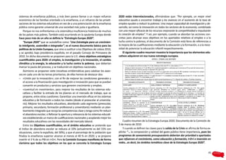sistemas de enseñanza públicos, y más bien parece llamar a un mayor esfuerzo            2020 están interrelacionados, afirmándose que: “Por ejemplo, un mejor nivel
económico de las familias orientado a la enseñanza, a un refuerzo de las privati-       educativo ayuda a encontrar trabajo y los avances en el aumento de la tasa de
zaciones de los sistemas educativos en vez de a una potenciación de la enseñanza        empleo ayudan a reducir la pobreza. Una mayor capacidad de investigación y de-
pública como garante universal de una sociedad más justa e igualitaria.                 sarrollo, así como la innovación en todos los sectores de la economía, combinada
    Porque no nos enfrentamos a la sistemática insuficiencia histórica de muchos        con una mayor eficacia de los recursos mejorarán la competitividad e impulsarán
de los países más pobres. También está ocurriendo en la opulenta Europa donde           la creación de empleo”. Y así, por ejemplo, cuando se abordan las acciones con-
hace poco más de un año se definía la “Estrategia Europa 2020”.                         cretas para alcanzar esos objetivos en los apartados relativos al empleo o a la
    “Europa 2020” que se autodefine como “Una Estrategia para un crecimien-             lucha contra la pobreza, el documento de la Comisión está lleno de referencias a
to inteligente, sostenible e integrador”, es el nuevo documento básico para las         la mejora de las cualificaciones mediante la educación y la formación, o a la nece-
políticas de la Unión Europea, que vino a sustituir a los Objetivos de Lisboa 2010,     sidad de potenciar la educación infantil respectivamente.
y se aprobó, bajo presidencia española, en el pasado Consejo de Primavera de                El siguiente cuadro-resumen muestra la importancia que los elementos edu-
2010. En dicho documento se proponen para la U.E. cinco objetivos estratégicos          cativos adquieren en esa nueva estrategia europea.
cuantificables para 2020: el empleo, la investigación y la innovación, el cambio
climático y la energía, la educación y la lucha contra la pobreza, que deberían
marcar la pauta del proceso, y se traducirán en objetivos nacionales.
    Asimismo se proponen siete iniciativas emblemáticas para catalizar los avan-
ces en cada uno de los temas prioritarios, de ellas hemos de destacar dos:
– 	 «Unión por la innovación», con el fin de mejorar las condiciones generales y
    el acceso a la financiación para investigación e innovación para que se puedan
    convertir en productos y servicios que generen crecimiento y empleo.
- 	 «Juventud en movimiento», para mejorar los resultados de los sistemas edu-
    cativos y facilitar la entrada de los jóvenes en el mercado de trabajo, que se
    propone, entre otras cuestiones: Garantizar una inversión eficaz en los sistemas
    educativo y de formación a todos los niveles (desde el preescolar al universita-
    rio); Mejorar los resultados educativos, abordando cada segmento (preescolar,
    primario, secundario, formación profesional y universitario) mediante un plan-
    teamiento integrado que recoja las competencias clave y tenga como fin reducir
    el abandono escolar; o Reforzar la apertura y relevancia de los sistemas educati-
    vos estableciendo un marco de cualificaciones nacionales y acoplando mejor los
    resultados educativos con las necesidades del mercado laboral.                          Cuadro resumen de la Estrategia Europa 2020. Documento de la Comisión de
    Entre los Objetivos cuantificables, en el ámbito educativo se pretende que          3 de marzo de 2010
el índice de abandono escolar se reduzca al 10% (actualmente es del 15% con                 Y cuando se definen las claves para la salida de la Crisis se afirma de forma ex-
situaciones, como la española, del 30%), y que el porcentaje de la población que        plícita: “… la composición y calidad del gasto público tiene importancia, pues los
finaliza la enseñanza superior alcance al menos el 40 % en 2020; y se propone           programas de saneamiento presupuestario deberían dar prioridad a apartados
invertir el 3 % de su PIB en I+D+i. Pero la Comisión Europea manifiesta de forma        que refuercen el crecimiento, como educación y formación, I+D+i e inversión en
clarísima que todos los objetivos en los que se concreta la Estrategia Europa           redes…es decir, los ámbitos temáticos clave de la Estrategia Europa 2020”.


                                                                                                                                                                          45
 