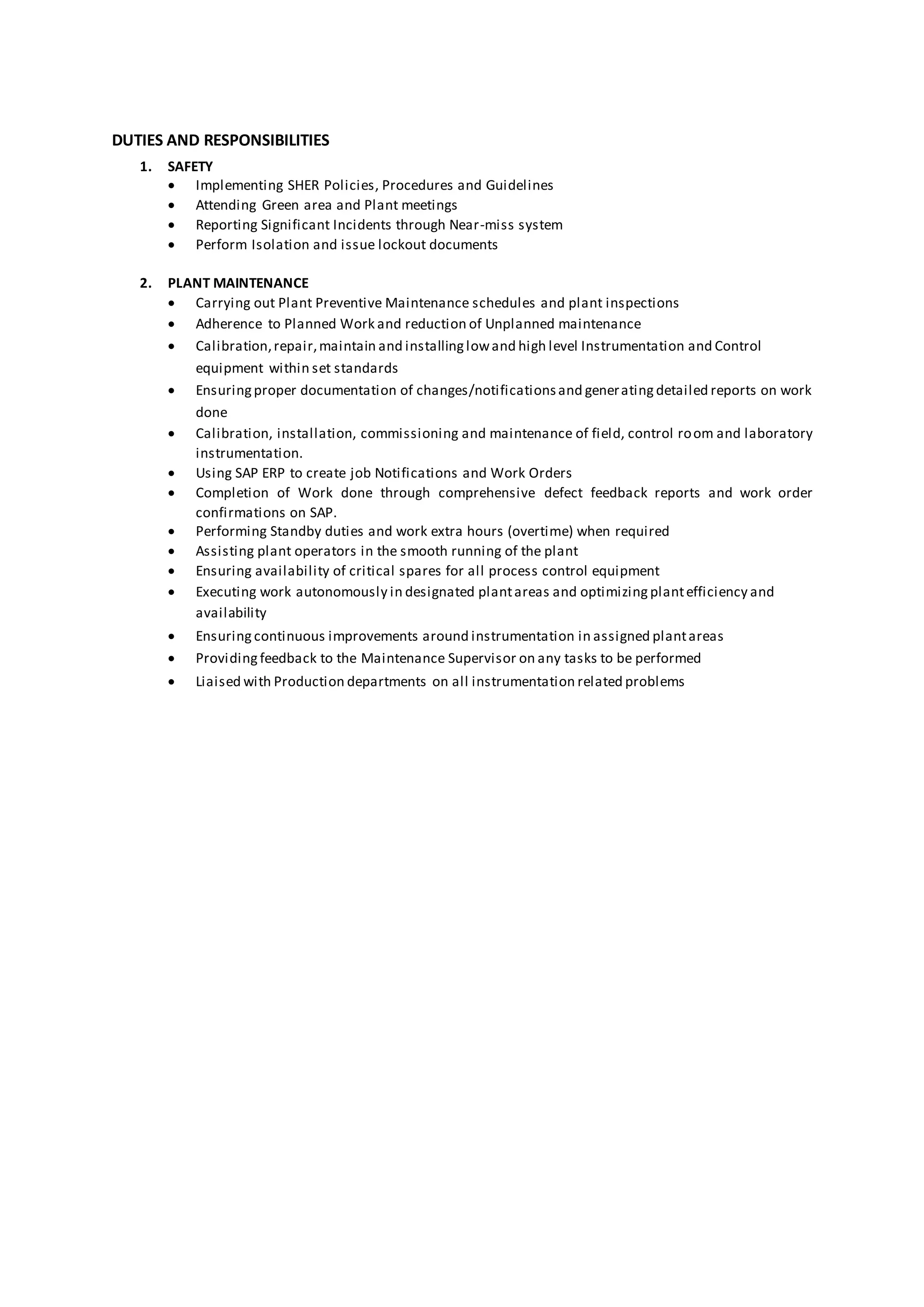Technician Duties And Responsibilities PDF
