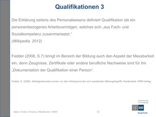 Qualifikationen 3

Die Erklärung seitens des Personalwesens definiert Qualifikation als ein
personenbezogenes Arbeitsvermögen, welches sich „aus Fach- und
Sozialkompetenz zusammensetzt.“
(Wikipedia, 2012)


Fedder (2008, S.7) bringt im Bereich der Bildung auch den Aspekt der Messbarkeit
ein, denn Zeugnisse, Zertifikate oder andere berufliche Nachweise sind für ihn
„Dokumentation der Qualifikation einer Person“.

Fedder, D. (2008). Selbstgesteuertes Lernen vor dem Hintergrund des sich wandelnden Bildungsbegriffs. Norderstedt: GRIN Verlag.




 Baier / Ecker / Krasny / Macheiner / Mittl                                  12
 