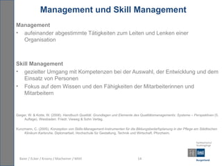 Management und Skill Management
Management
• aufeinander abgestimmte Tätigkeiten zum Leiten und Lenken einer
  Organisation



Skill Management
• gezielter Umgang mit Kompetenzen bei der Auswahl, der Entwicklung und dem
   Einsatz von Personen
• Fokus auf dem Wissen und den Fähigkeiten der Mitarbeiterinnen und
   Mitarbeitern


Geiger, W. & Kotte, W. (2008). Handbuch Qualität. Grundlagen und Elemente des Qualitätsmanagements: Systeme – Perspektiven (5.
     Auflage). Wiesbaden: Friedr. Vieweg & Sohn Verlag.

Kunzmann, C. (2005). Konzeption von Skills-Management-Instrumenten für die Bildungsbedarfsplanung in der Pflege am Städtischen
    Klinikum Karlsruhe. Diplomarbeit. Hochschule für Gestaltung, Technik und Wirtschaft. Pforzheim.




  Baier / Ecker / Krasny / Macheiner / Mittl                                14
 