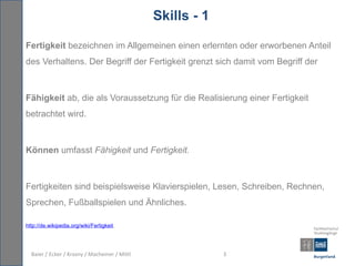Skills - 1

Fertigkeit bezeichnen im Allgemeinen einen erlernten oder erworbenen Anteil
des Verhaltens. Der Begriff der Fertigkeit grenzt sich damit vom Begriff der



Fähigkeit ab, die als Voraussetzung für die Realisierung einer Fertigkeit
betrachtet wird.



Können umfasst Fähigkeit und Fertigkeit.



Fertigkeiten sind beispielsweise Klavierspielen, Lesen, Schreiben, Rechnen,
Sprechen, Fußballspielen und Ähnliches.

http://de.wikipedia.org/wiki/Fertigkeit.




  Baier / Ecker / Krasny / Macheiner / Mittl                3
 