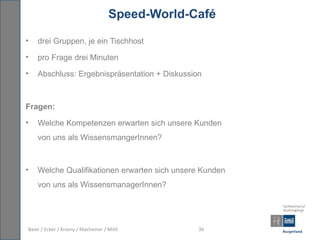 Speed-World-Café

•   drei Gruppen, je ein Tischhost
•   pro Frage drei Minuten
•   Abschluss: Ergebnispräsentation + Diskussion



Fragen:

•   Welche Kompetenzen erwarten sich unsere Kunden
    von uns als WissensmangerInnen?



•   Welche Qualifikationen erwarten sich unsere Kunden
    von uns als WissensmanagerInnen?




Baier / Ecker / Krasny / Macheiner / Mittl        36
 