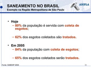33
SANEAMENTO NO BRASIL
Exemplo na Região Metropolitana de São Paulo
• Hoje
– 80% da população é servida com coleta de
esgotos;
– 62% dos esgotos coletados são tratados.
• Em 2005
– 84% da população com coleta de esgotos;
– 65% dos esgotos coletados serão tratados.
Fonte: SABESP 2004
 