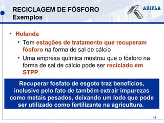 44
RECICLAGEM DE FÓSFORO
Exemplos
• Holanda
• Tem estações de tratamento que recuperam
fósforo na forma de sal de cálcio
• Uma empresa química mostrou que o fósforo na
forma de sal de cálcio pode ser reciclado em
STPP.
Recuperar fosfato de esgoto traz benefícios,
inclusive pelo fato de também extrair impurezas
como metais pesados, deixando um lodo que pode
ser utilizado como fertilizante na agricultura.
 