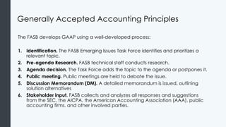 Generally Accepted Accounting Principles
The FASB develops GAAP using a well-developed process:
1. Identification. The FASB Emerging Issues Task Force identifies and prioritizes a
relevant topic.
2. Pre-agenda Research. FASB technical staff conducts research.
3. Agenda decision. The Task Force adds the topic to the agenda or postpones it.
4. Public meeting. Public meetings are held to debate the issue.
5. Discussion Memorandum (DM). A detailed memorandum is issued, outlining
solution alternatives
6. Stakeholder input. FASB collects and analyzes all responses and suggestions
from the SEC, the AICPA, the American Accounting Association (AAA), public
accounting firms, and other involved parties.
 