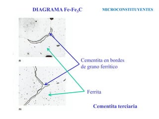 Cementita terciaria
MICROCONSTITUYENTES
DIAGRAMA Fe-Fe3C
Cementita en bordes
de grano ferrítico
Ferrita
 