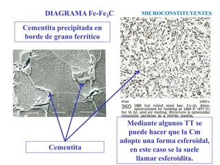 Cementita
MICROCONSTITUYENTES
DIAGRAMA Fe-Fe3C
Cementita precipitada en
borde de grano ferrítico
Mediante algunos TT se
puede hacer que la Cm
adopte una forma esferoidal,
en este caso se la suele
llamar esferoidita.
 