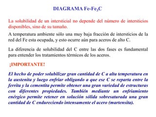 La solubilidad de un intersticial no depende del número de intersticios
disponibles, sino de su tamaño.
A temperatura ambiente sólo una muy baja fracción de intersticios de la
red del Fe esta ocupada, y esto ocurre aún para aceros de alto C.
La diferencia de solubilidad del C entre las dos fases es fundamental
para entender los tratamientos térmicos de los aceros.
¡IMPORTANTE!
El hecho de poder solubilizar gran cantidad de C a alta temperatura en
la austenita y luego enfriar obligando a que ese C se reparta entre la
ferrita y la cementita permite obtener una gran variedad de estructuras
con diferentes propiedades. También mediante un enfriamiento
enérgico permite retener en solución sólida sobresaturada una gran
cantidad de C endureciendo intensamente el acero (martensita).
DIAGRAMA Fe-Fe3C
 