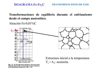 Transformaciones de equilibrio durante el enfriamiento
desde el campo austenítico.
Aleación Fe-0,01%C
Estructura inicial a la temperatura
T1 >A3: austenita.
T1
TRANSFORMACIONES DE FASE
DIAGRAMA Fe-Fe3C
 