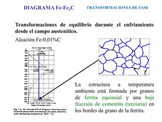 Transformaciones de equilibrio durante el enfriamiento
desde el campo austenítico.
Aleación Fe-0,01%C
La estructura a temperatura
ambiente está formada por granos
de ferrita equiaxial y una baja
fracción de cementita (terciaria) en
los bordes de grano de la ferrita.
TRANSFORMACIONES DE FASE
DIAGRAMA Fe-Fe3C
 