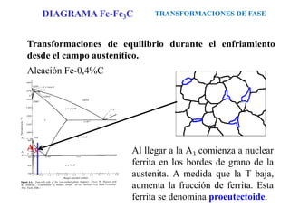 Transformaciones de equilibrio durante el enfriamiento
desde el campo austenítico.
Aleación Fe-0,4%C
Al llegar a la A3 comienza a nuclear
ferrita en los bordes de grano de la
austenita. A medida que la T baja,
aumenta la fracción de ferrita. Esta
ferrita se denomina proeutectoide.
TRANSFORMACIONES DE FASE
DIAGRAMA Fe-Fe3C
A3
 